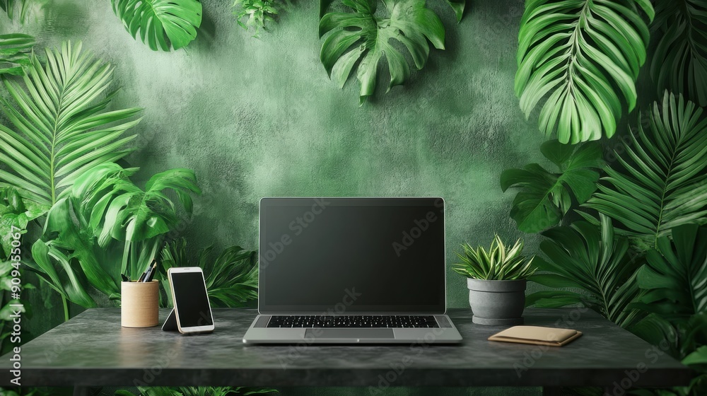 A modern workspace featuring a laptop, phone, and greenery, combining technology and natural elements A modern workspace featuring a laptop, phone, and greenery, combining technology and natural elements