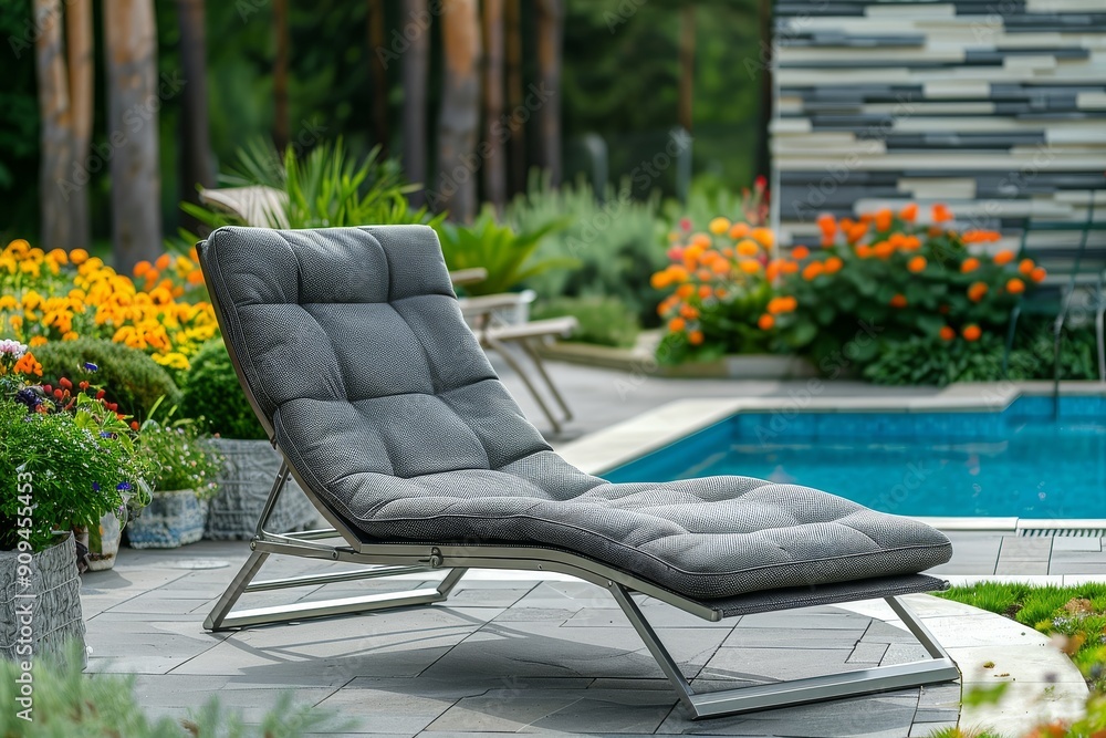 Outdoor grey fabric sunbed with chrome frame near pool, garden with flowers and plants, natural style Outdoor grey fabric sunbed with chrome frame near pool, garden with flowers and plants, natural style