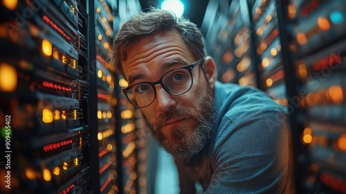 A network administrator troubleshooting server connections in a modern data center, surrounded by complex cabling 