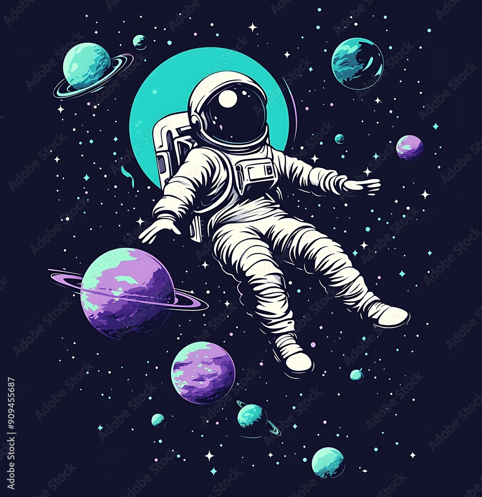 Astronaut floating in space surrounded by planets and stars. Astronaut floating in space surrounded by planets and stars.