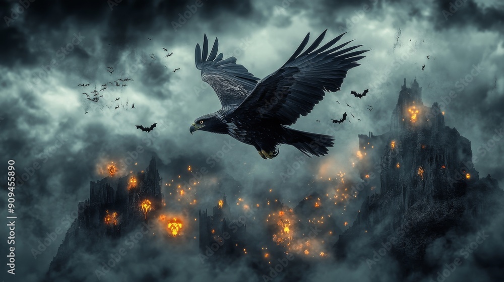 Fototapeta premium An eagle with a spooky expression flying over a haunted mountain with Halloween fog and glowing lights