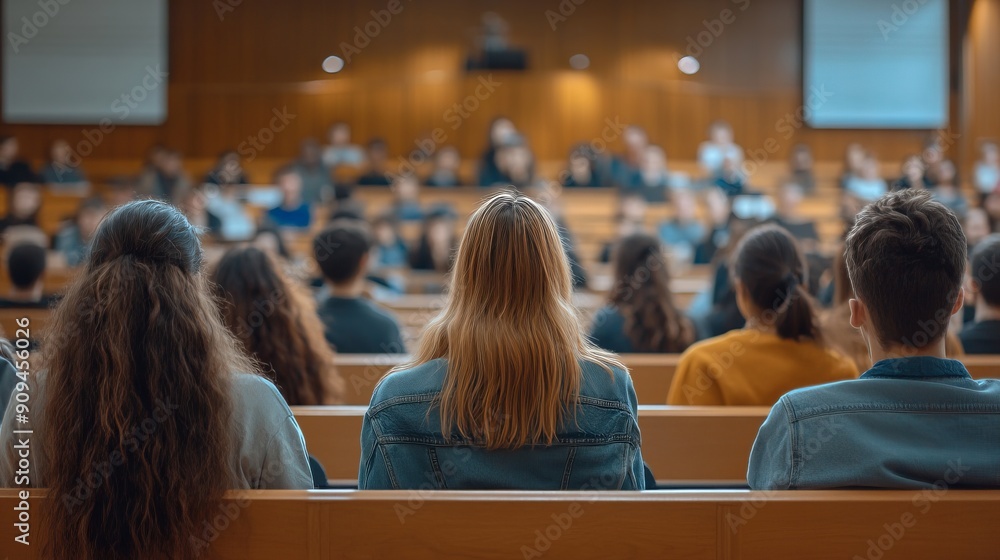 Rear view of large group of students on a class at lecture hall. Rear view of large group of students on a class at lecture hall.
