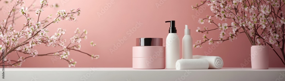 Fototapeta premium Elegant display of spa products, Spa products displayed on white table with fresh flower buds on pink background