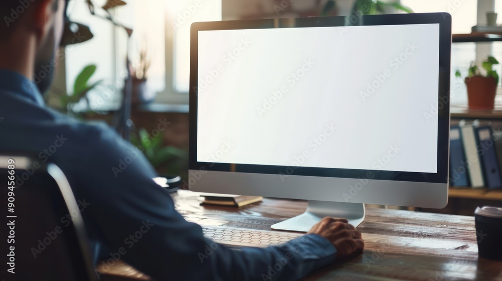 Man working on a computer with a blank screen Man working on a computer with a blank screen