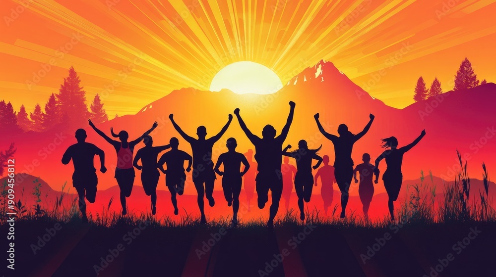 Inspirational Illustration of Multicultural Runners Celebrating Victory Against Stunning Mountain Sunset Background Inspirational Illustration of Multicultural Runners Celebrating Victory Against Stunning Mountain Sunset Background