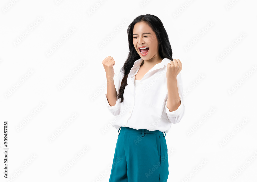 Smiling cheerful Asian girl standing and Raise your hand with enjoys freedom on white background. Smiling cheerful Asian girl standing and Raise your hand with enjoys freedom on white background.