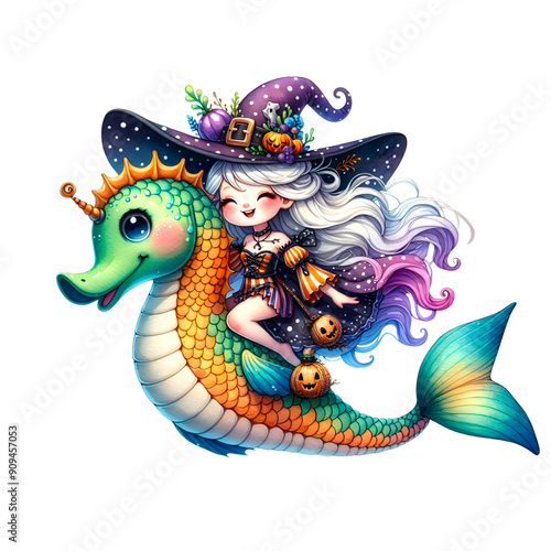 Mermaid witch riding a seahorse photo