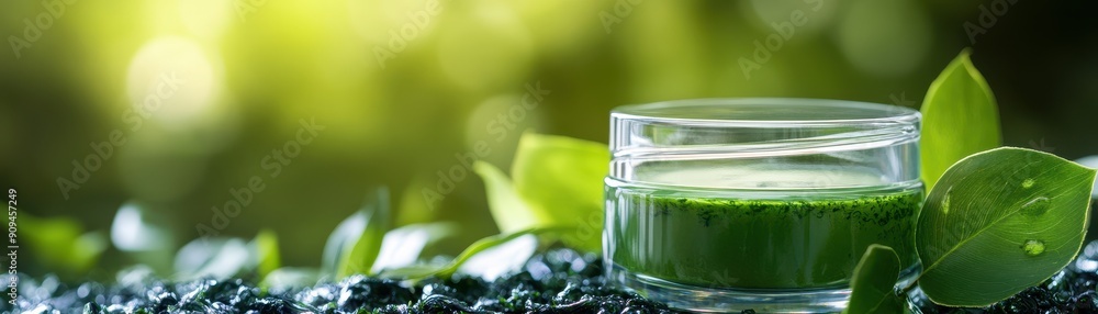 Green seaweed cosmetic jar offering organic skin care benefits Green seaweed cosmetic jar offering organic skin care benefits