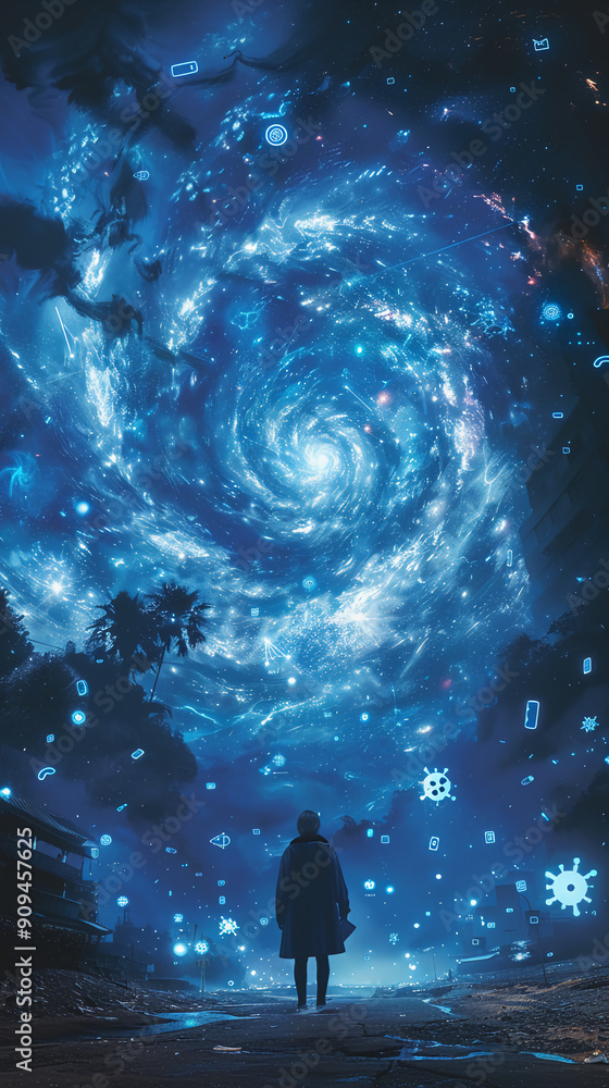 Obraz premium A giant dark blue vortex containing various app icons and virus icons swirled in the wind.