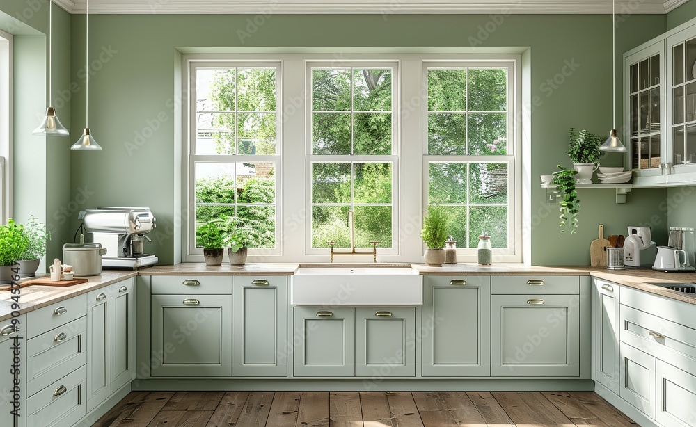 Open kitchen with light grey and white cabinets, pale green walls, and sash windows, featuring modern appliances including a coffee machine, sink, and detailed countertop, illuminated by natural Open kitchen with light grey and white cabinets, pale green walls, and sash windows, featuring modern appliances including a coffee machine, sink, and detailed countertop, illuminated by natural