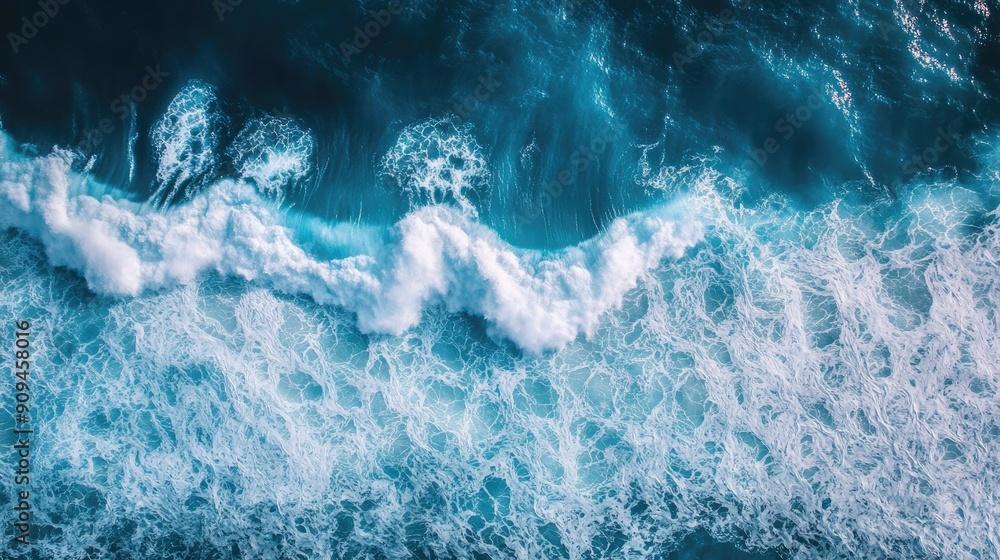 Top-down drone view of waves crashing on the coast, with a vivid blue water background, highlighting the contrast between the sea and shore Top-down drone view of waves crashing on the coast, with a vivid blue water background, highlighting the contrast between the sea and shore