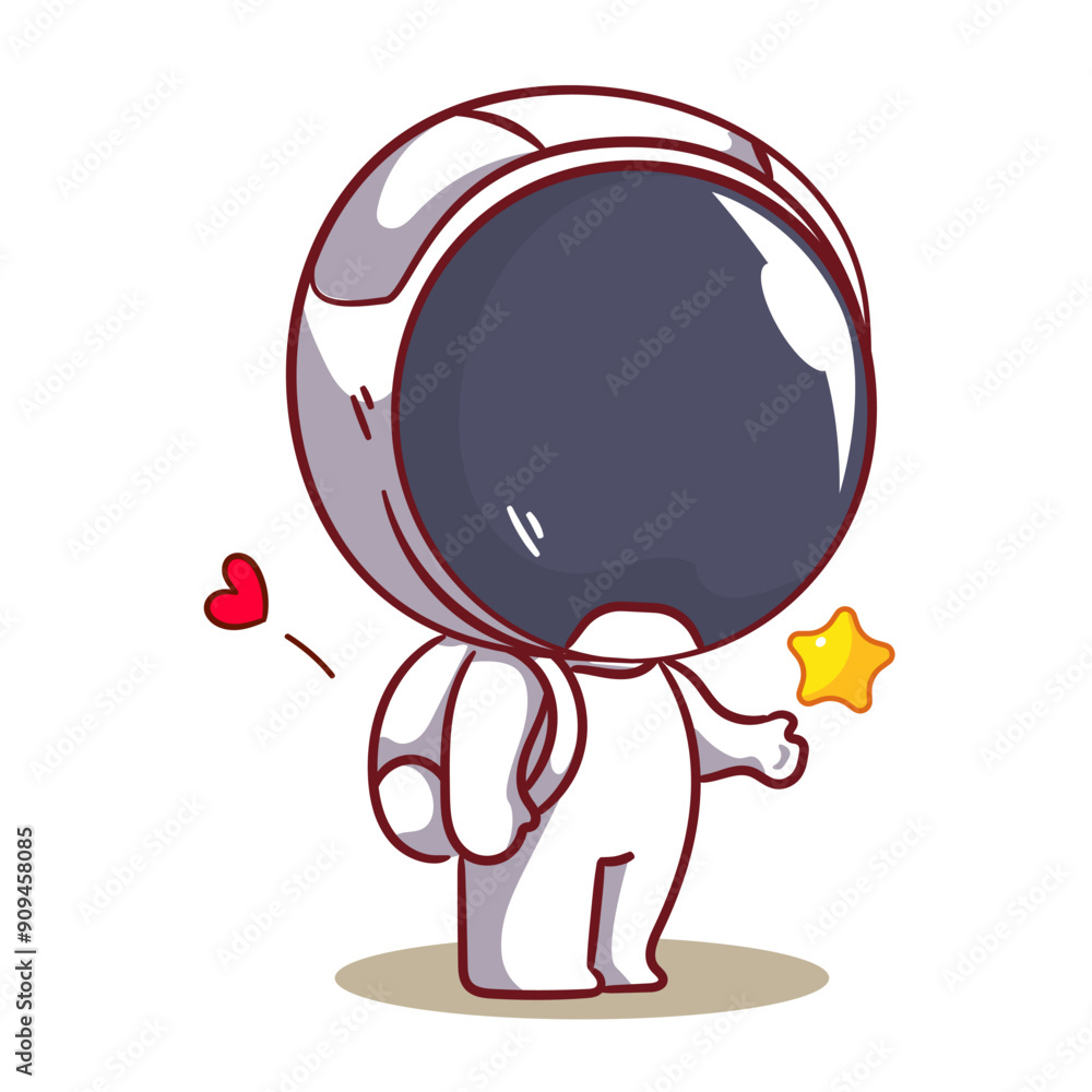 Cute astronaut standing with a star cartoon character. Space and science concept design. Hand drawn flat adorable chibi vector illustration. Icon logo mascot isolated background. Cute astronaut standing with a star cartoon character. Space and science concept design. Hand drawn flat adorable chibi vector illustration. Icon logo mascot isolated background.