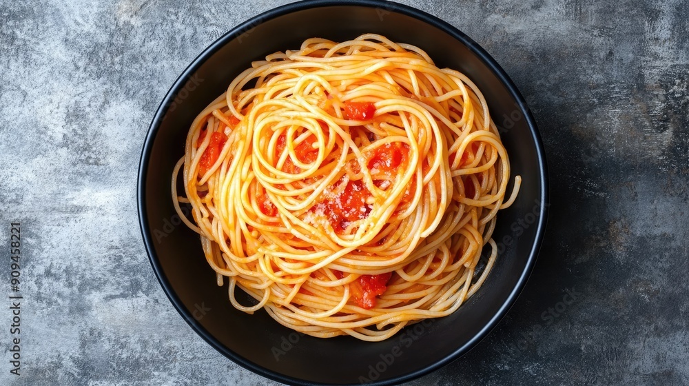 Top-down view of spaghetti with tomato sauce in a black bowl, set on a grey stone surface, perfect for showcasing a delicious Italian meal