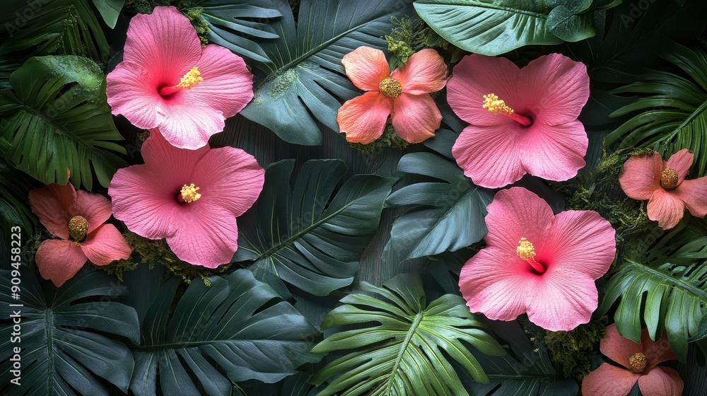 A soft pink canvas framed by tropical flowers and green foliage, perfect for personalized messages A soft pink canvas framed by tropical flowers and green foliage, perfect for personalized messages