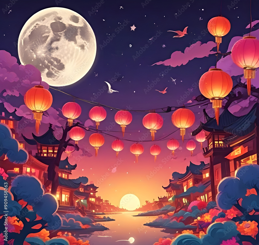 Mid-autumn festival background banner, image of a big full moon in the night sky, surrounded by colorful lanterns. Mid-autumn festival background banner, image of a big full moon in the night sky, surrounded by colorful lanterns.