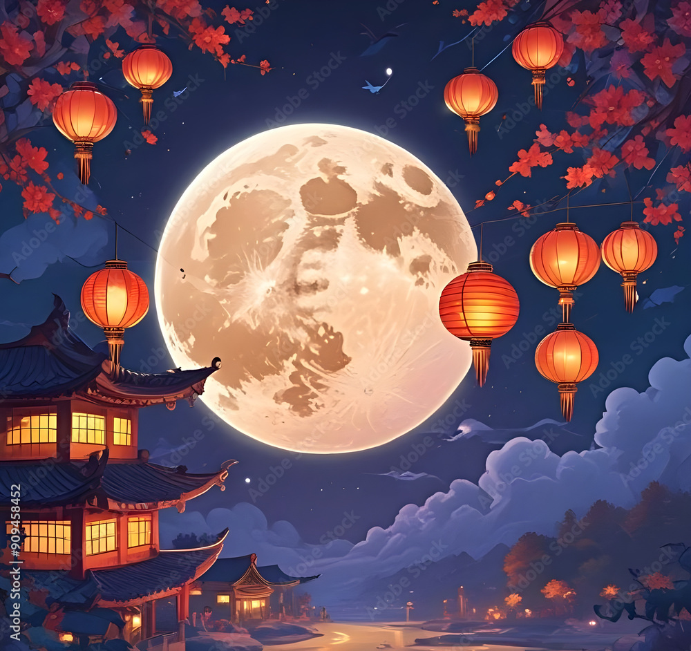Mid-autumn festival background banner, image of a big full moon in the night sky, surrounded by colorful lanterns. Mid-autumn festival background banner, image of a big full moon in the night sky, surrounded by colorful lanterns.
