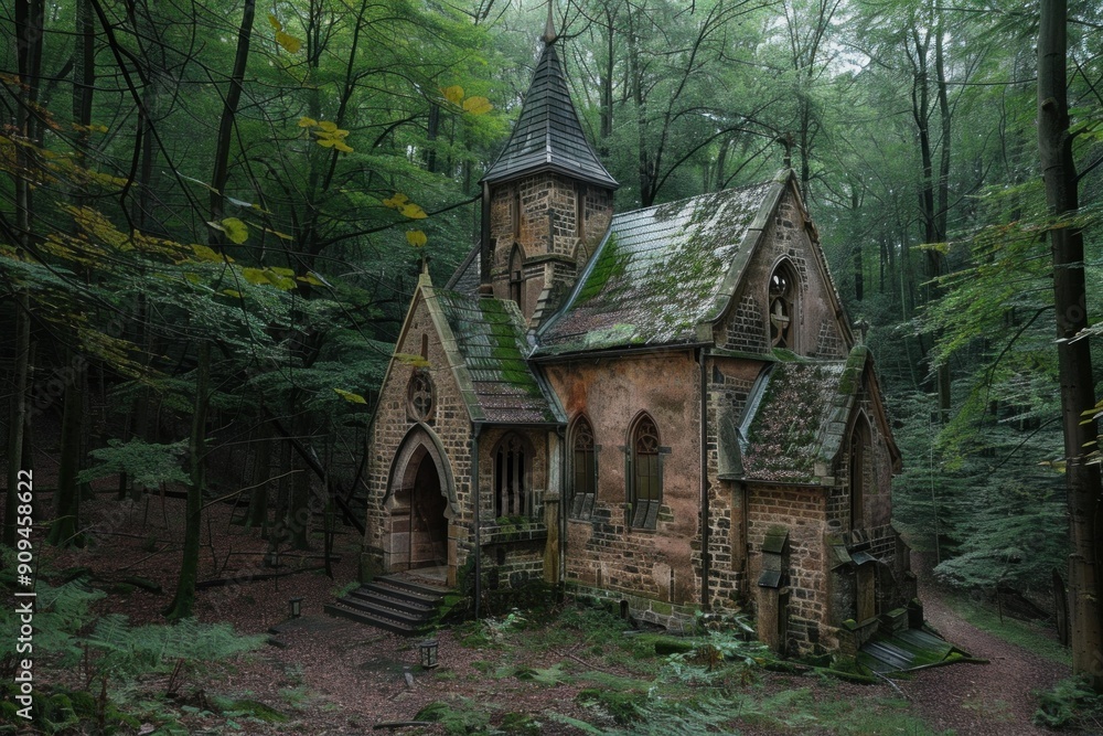 Obraz premium Old stone chapel building with a mossy roof is standing in a green forest