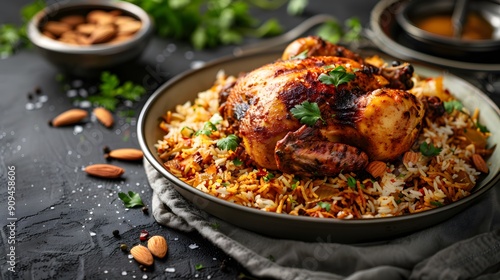 Chicken Mandy with roasted chicken on dark wooden background. Traditional Arabian food. photo