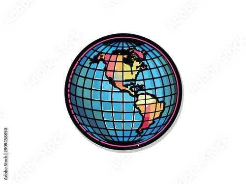 A globe with a digital grid overlaid on the surface, the continents are represented in bright colors.