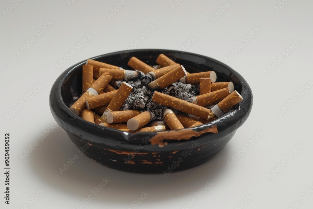 Overflowing black ashtray full of smelly cigarette butts on white background Overflowing black ashtray full of smelly cigarette butts on white background