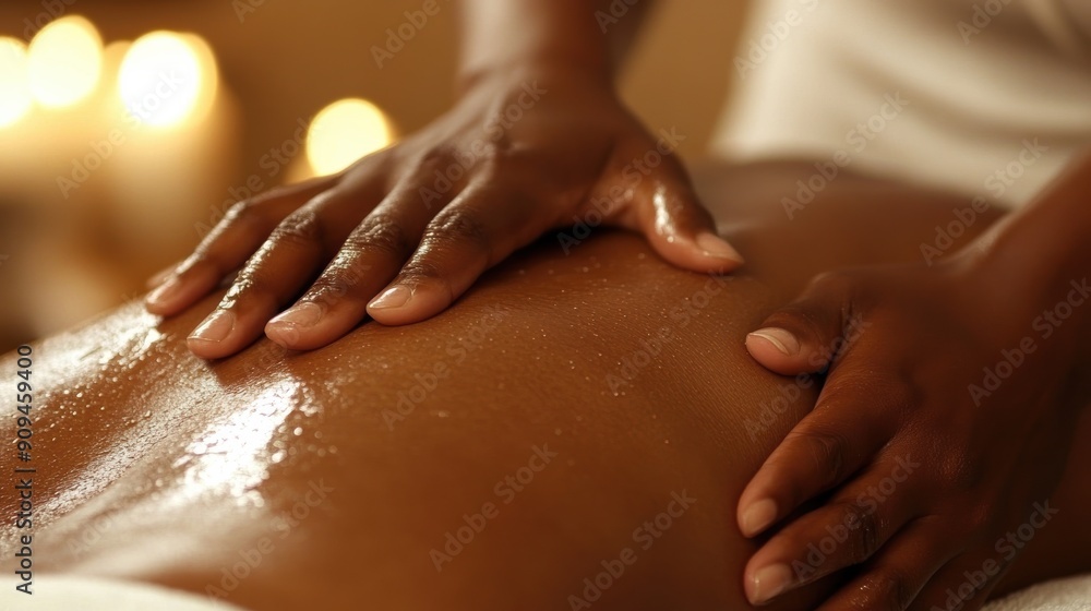 A therapeutic massage session with warm lighting, emphasizing the therapist's skillful hands on the client's back A therapeutic massage session with warm lighting, emphasizing the therapist's skillful hands on the client's back