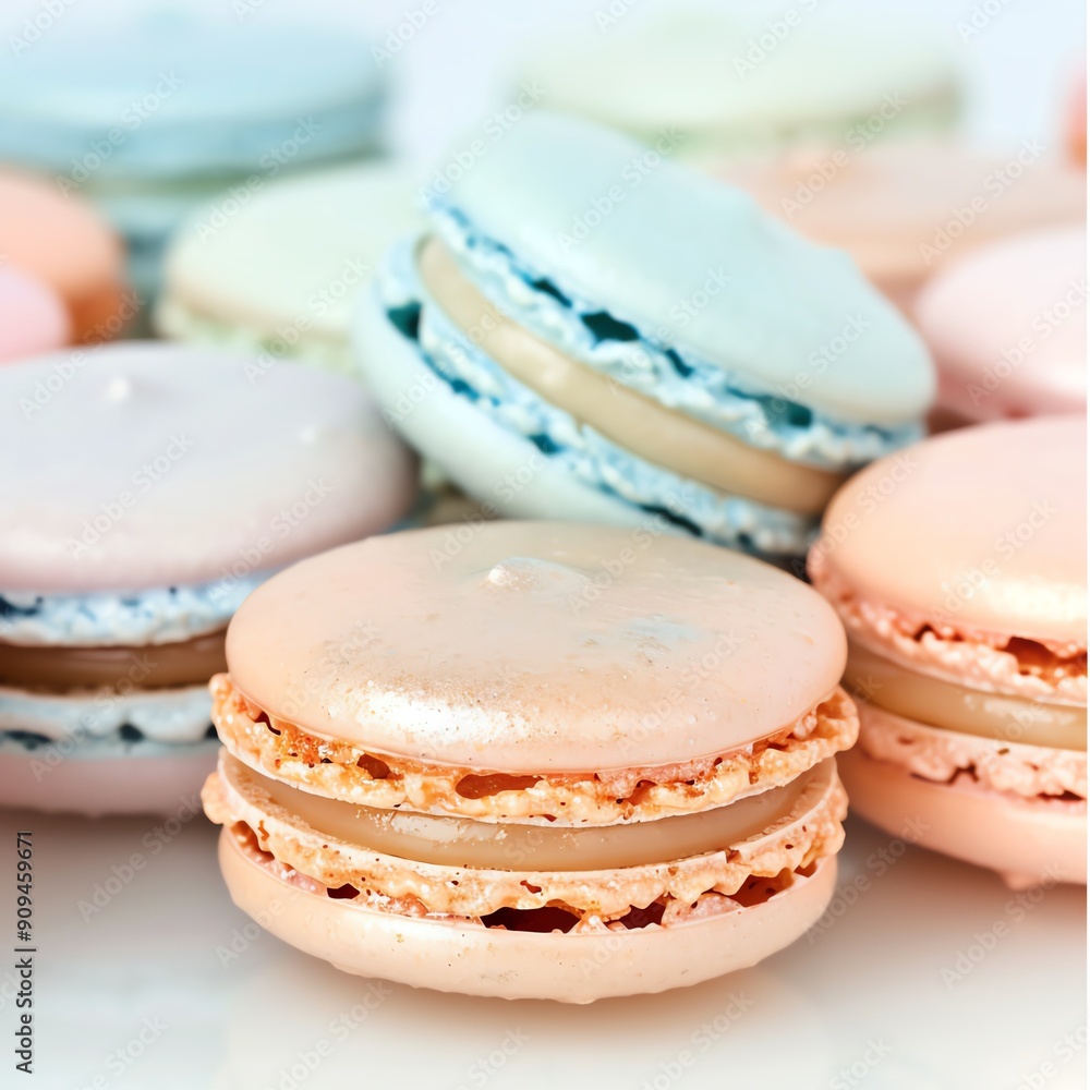 Macarons with pastel colors and a glossy finish, closeup, against a white background Macarons with pastel colors and a glossy finish, closeup, against a white background