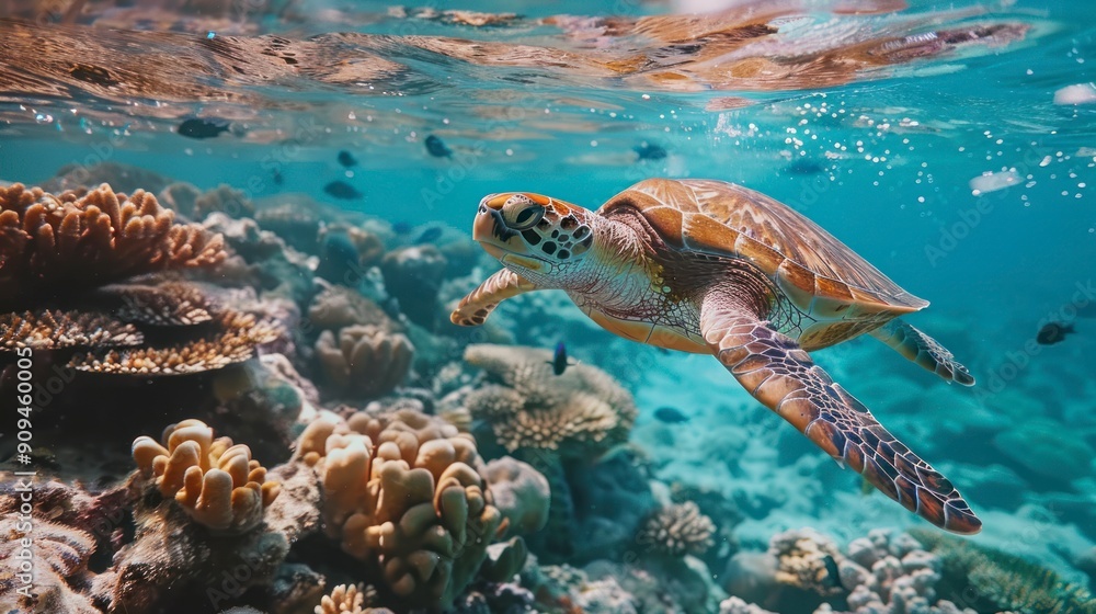 Obraz premium Reef scene with sea turtle in natural setting.