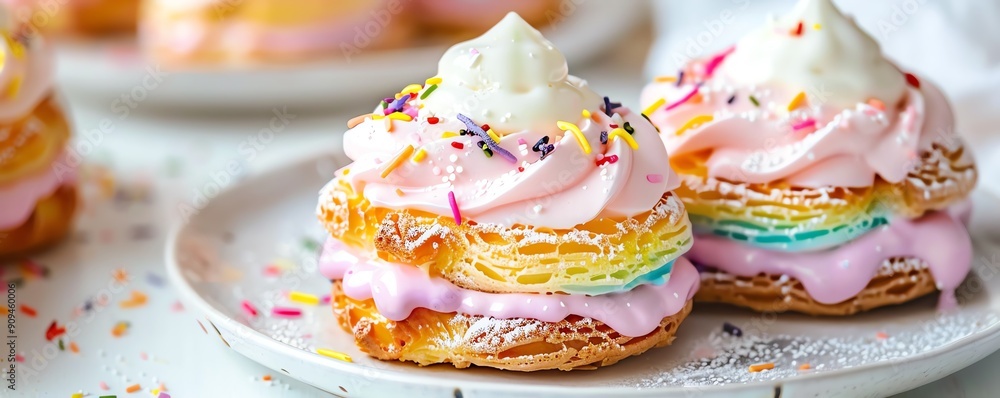 Pastel rainbow eclair, closeup, isolated, appetizing and appealing Pastel rainbow eclair, closeup, isolated, appetizing and appealing