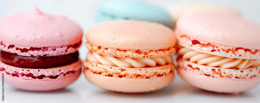 Pastelhued macarons with a glossy finish, closeup, against a white background Pastelhued macarons with a glossy finish, closeup, against a white background