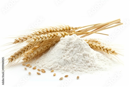 Heap of wheat flour with spikelets isolated on white