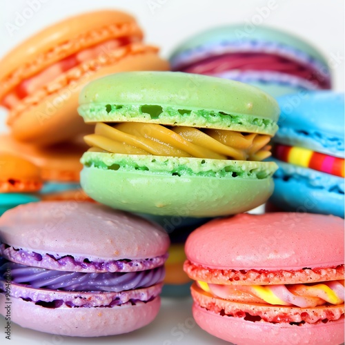 Rainbowstriped macarons, closeup, against a white background, vibrant and enticing photo