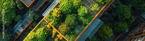 Aerial View of Modern Urban Rooftop Gardens with Lush Greenery and Sustainable Architecture