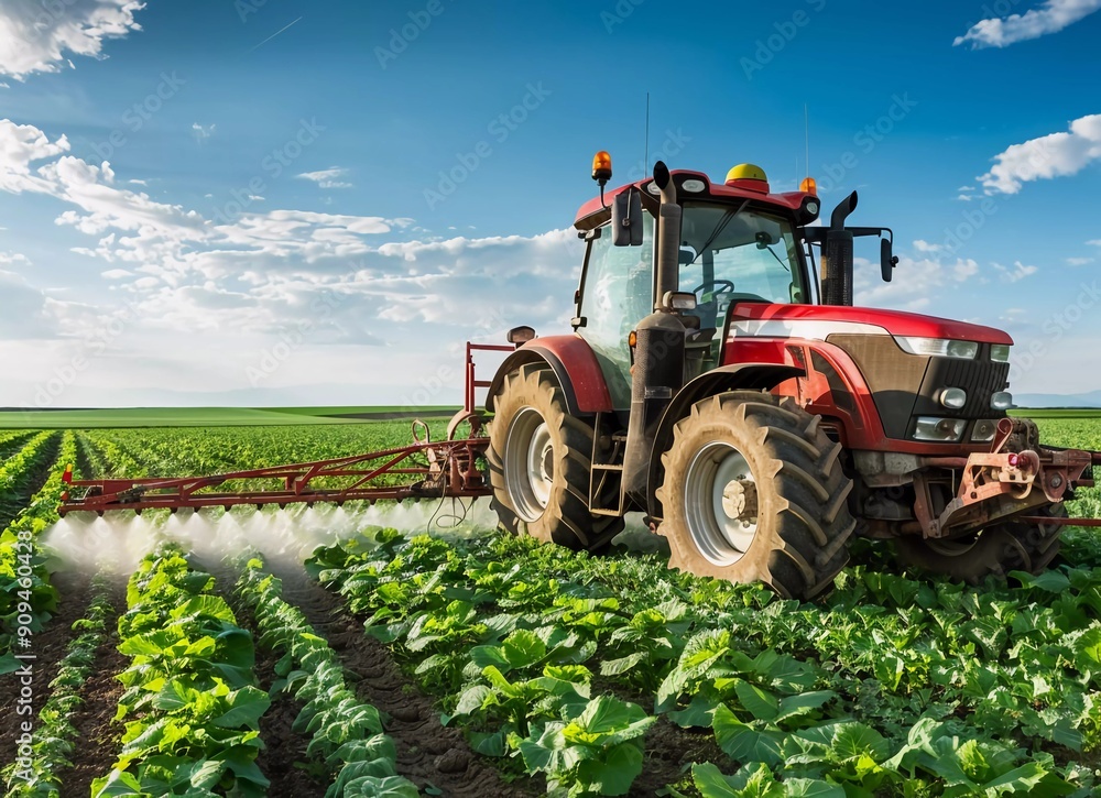 Tractor with sprayer on field in spring, harvesting and planting of crops. TrYoung tractor working at the farm in summer, precision plant spray equipment on background blue sky Tractor with sprayer on field in spring, harvesting and planting of crops. TrYoung tractor working at the farm in summer, precision plant spray equipment on background blue sky