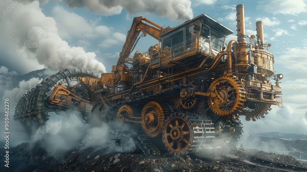 steampunkinspired mechanical excavator with brass gears copper pipes and billowing steam perched atop a giant clockwork gear platform steampunkinspired mechanical excavator with brass gears copper pipes and billowing steam perched atop a giant clockwork gear platform