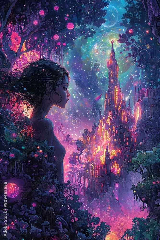 A mystical scene blending nature and fantasy, featuring a silhouette of a woman against a vibrant, enchanted castle and cosmic background. A mystical scene blending nature and fantasy, featuring a silhouette of a woman against a vibrant, enchanted castle and cosmic background.