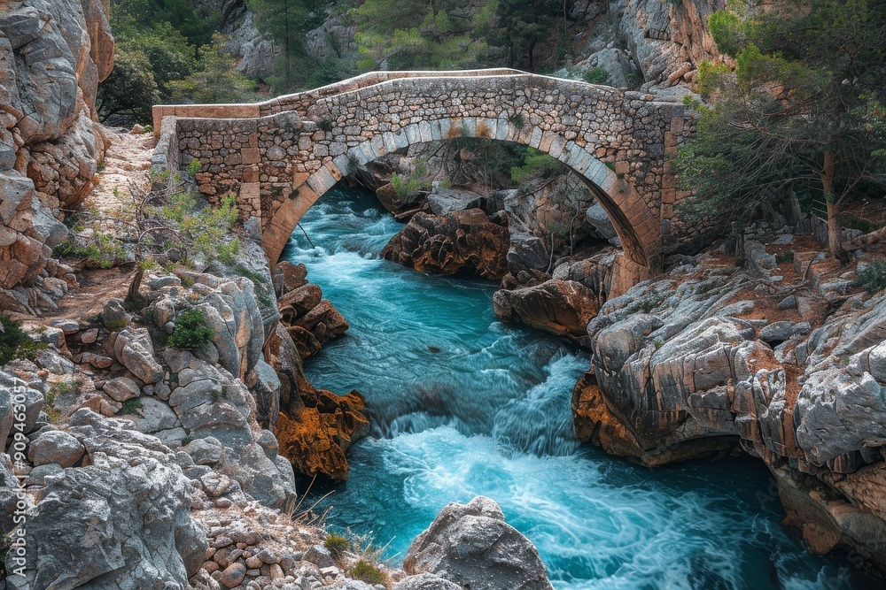 Aerial view of the crystal-clear blue-green Kali River flowing through a Greek canyon with surrounding rock formations and trees, showcasing a natural mountain stream with turquoise water between Aerial view of the crystal-clear blue-green Kali River flowing through a Greek canyon with surrounding rock formations and trees, showcasing a natural mountain stream with turquoise water between