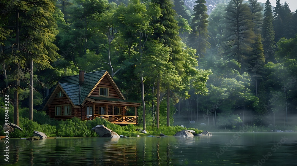 Fototapeta premium Log cabin cottage hidden in the trees by the Lake