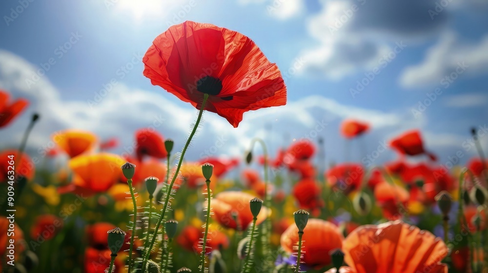 Φωτογραφία A vibrant red poppy flower stands tall above a field of blossoms against a bright blue sky offering copy space for nature advertising