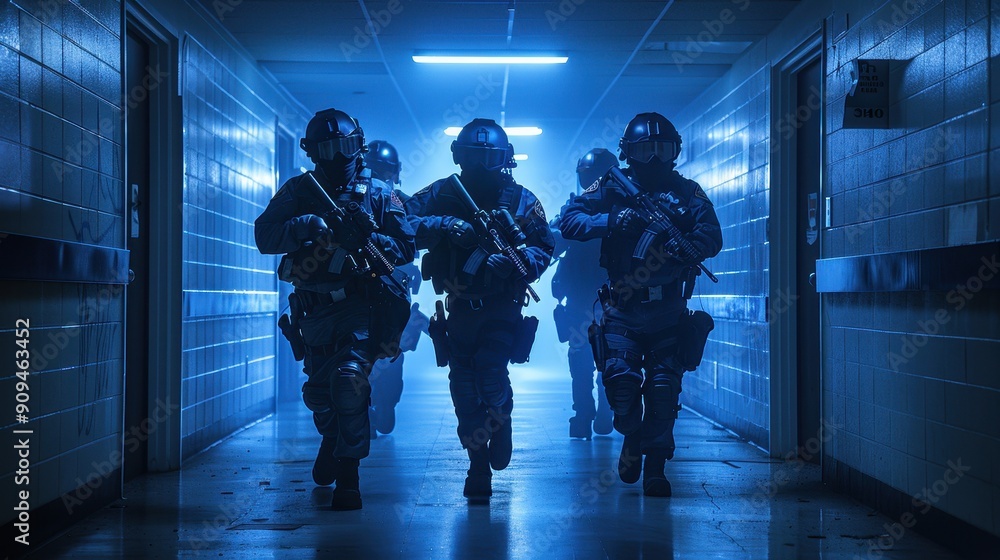 Obraz premium A group of soldiers are walking down a hallway in a blue light