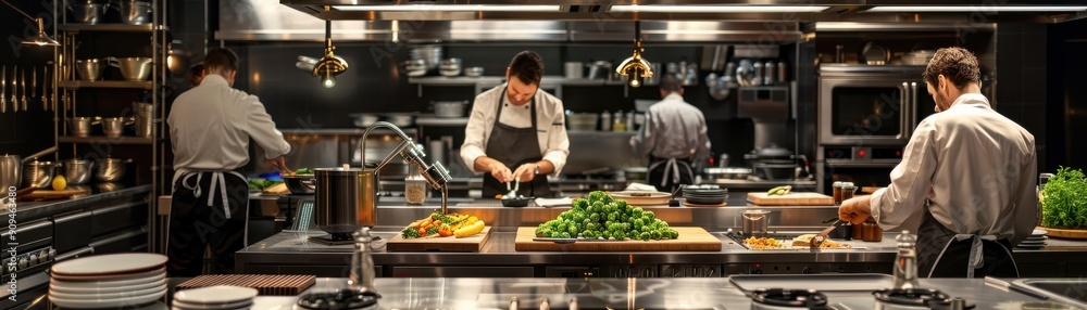 Professionals preparing gourmet dishes in a modern kitchen, highlighting teamwork and culinary creativity. Professionals preparing gourmet dishes in a modern kitchen, highlighting teamwork and culinary creativity.