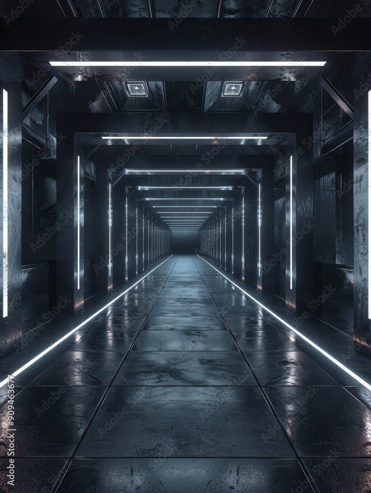 A long, dark hallway with a series of lights on the ceiling A long, dark hallway with a series of lights on the ceiling
