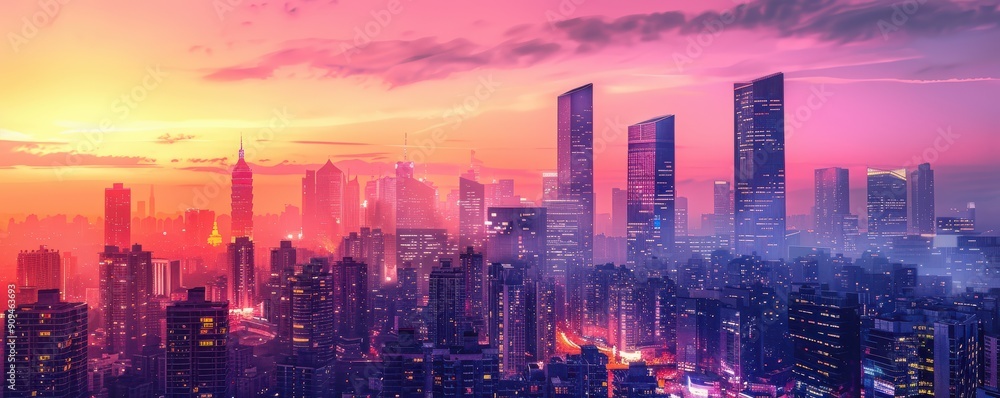 Obraz premium Stunning cityscape at sunset, showcasing modern skyscrapers with vibrant colors and a dramatic skyline.