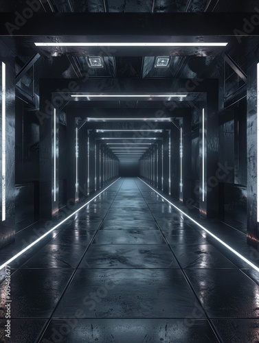 A long, dark hallway with a series of lights on the ceiling