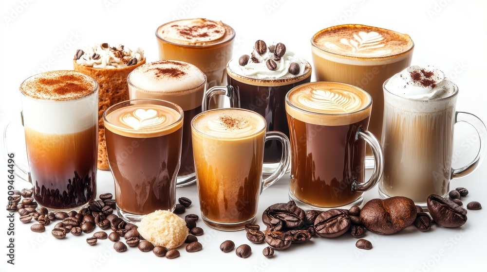 Variety of Coffee Drinks in Cups and Mugs Variety of Coffee Drinks in Cups and Mugs