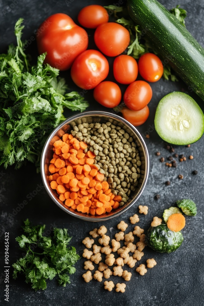 Dog food with raw vegetables next to a pet bowl Dog food with raw vegetables next to a pet bowl