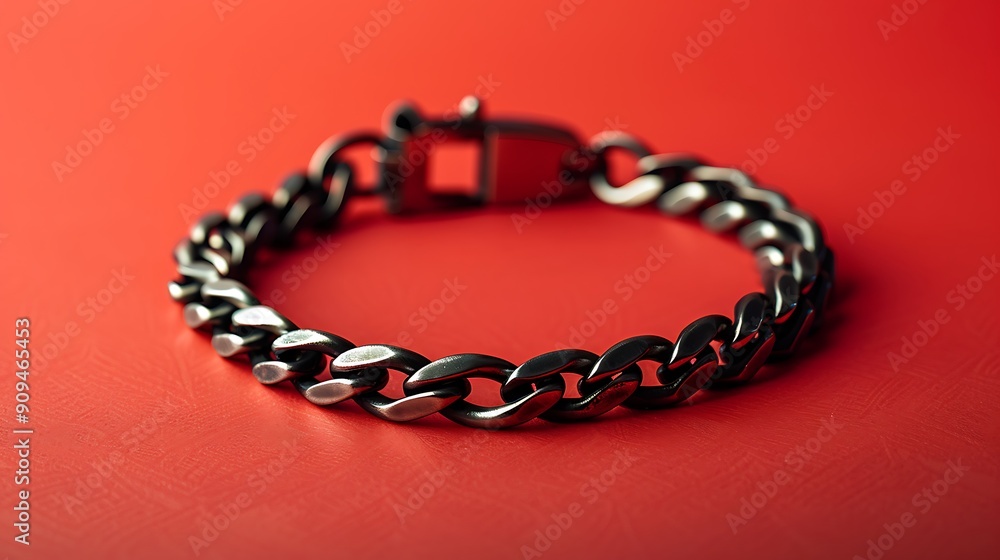 Men bracelet with metal brutality isolated on a soft red backdrop Men bracelet with metal brutality isolated on a soft red backdrop