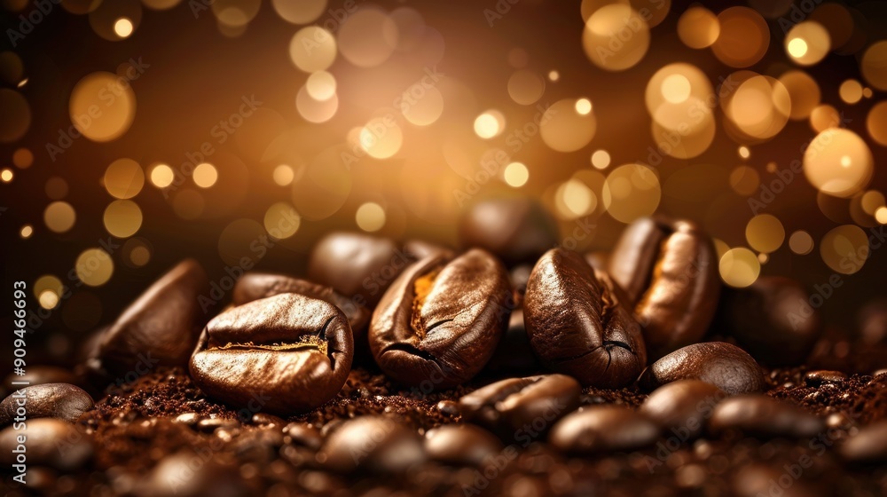 Roasted coffee beans on a brown blurred background with bokeh effect Roasted coffee beans on a brown blurred background with bokeh effect