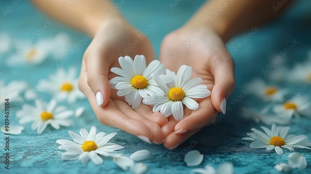 Gentle Hands Cradling Daisies Against a Soft Blue Background, Symbolizing Care, Nature, and Serenity in a Peaceful Floral Arrangement Gentle Hands Cradling Daisies Against a Soft Blue Background, Symbolizing Care, Nature, and Serenity in a Peaceful Floral Arrangement