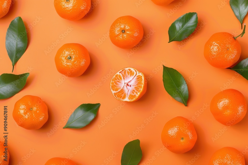 Halved tangerine surrounded by whole tangerines and green leaves, creating a vibrant and refreshing flat lay composition on an orange background Halved tangerine surrounded by whole tangerines and green leaves, creating a vibrant and refreshing flat lay composition on an orange background