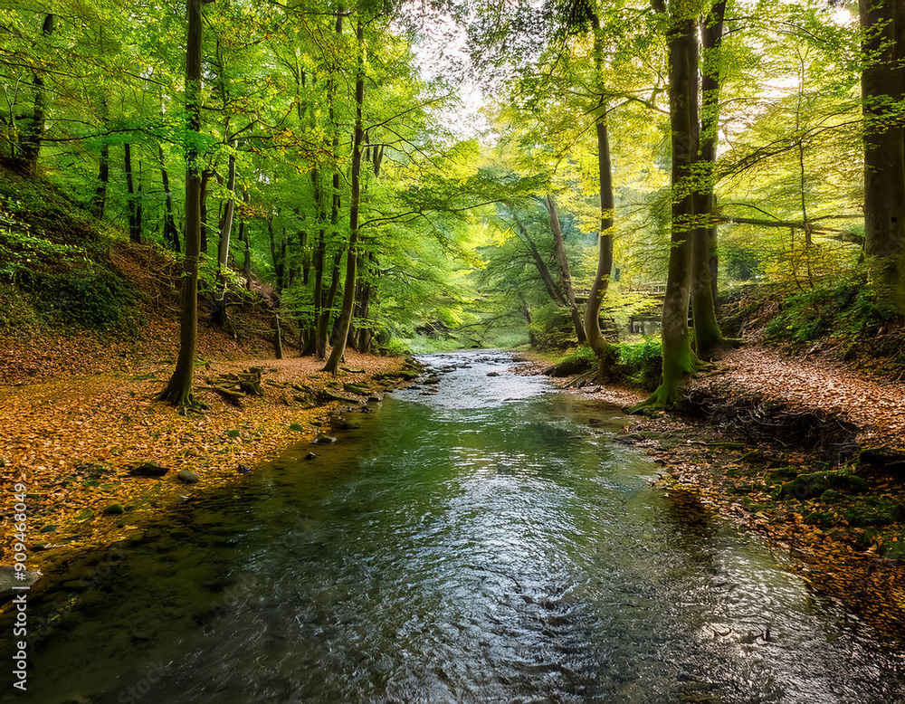 Narrow stream flowing through green trees covered with fallen leaves in forest Narrow stream flowing through green trees covered with fallen leaves in forest